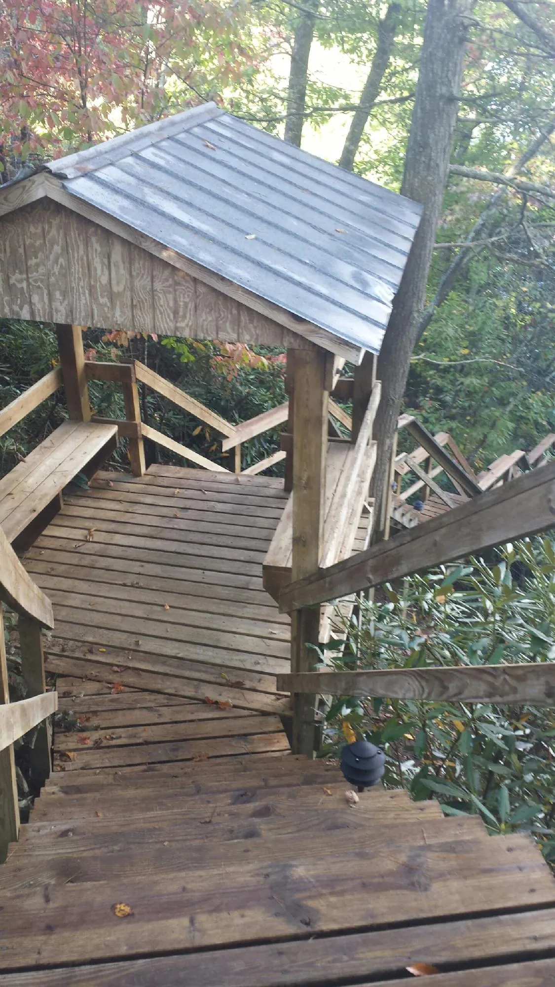 Metal roofed shelter over wooden steps on a wooded walkway — Skylight Repair & Installation work by our crew in Russell